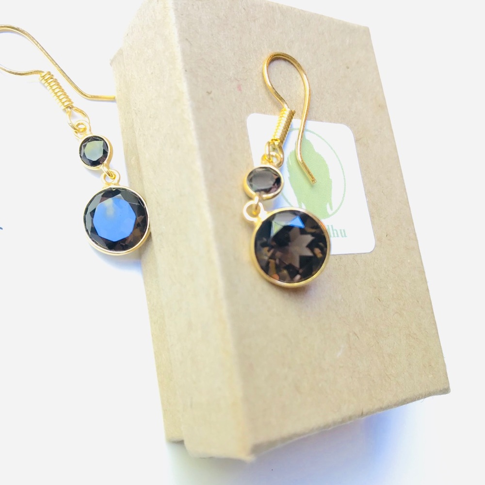 Smokey Quartz Double Stone 24K Gold Hook Earrings